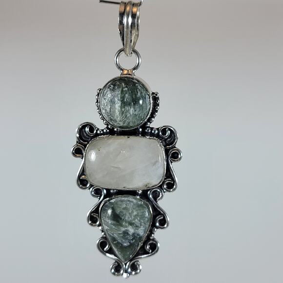 Seraphinite & Moonstone Handmade Pendant – Sterling Silver Natural Stone Gift - Picture 1 of 10
